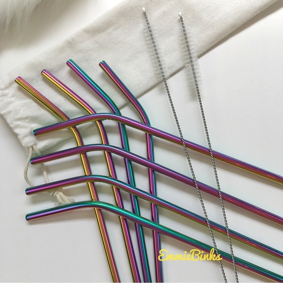 New Reusable Stainless Steel Oil Slick Holographic Tumbler Straw Set - Picture 5 of 14